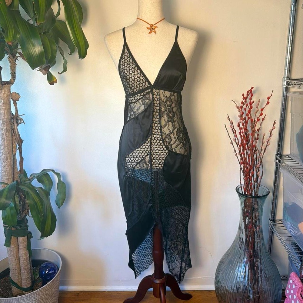 God Save Queens Peekaboo Black Lace Cutout Asymmetrical Midi Dress Medium